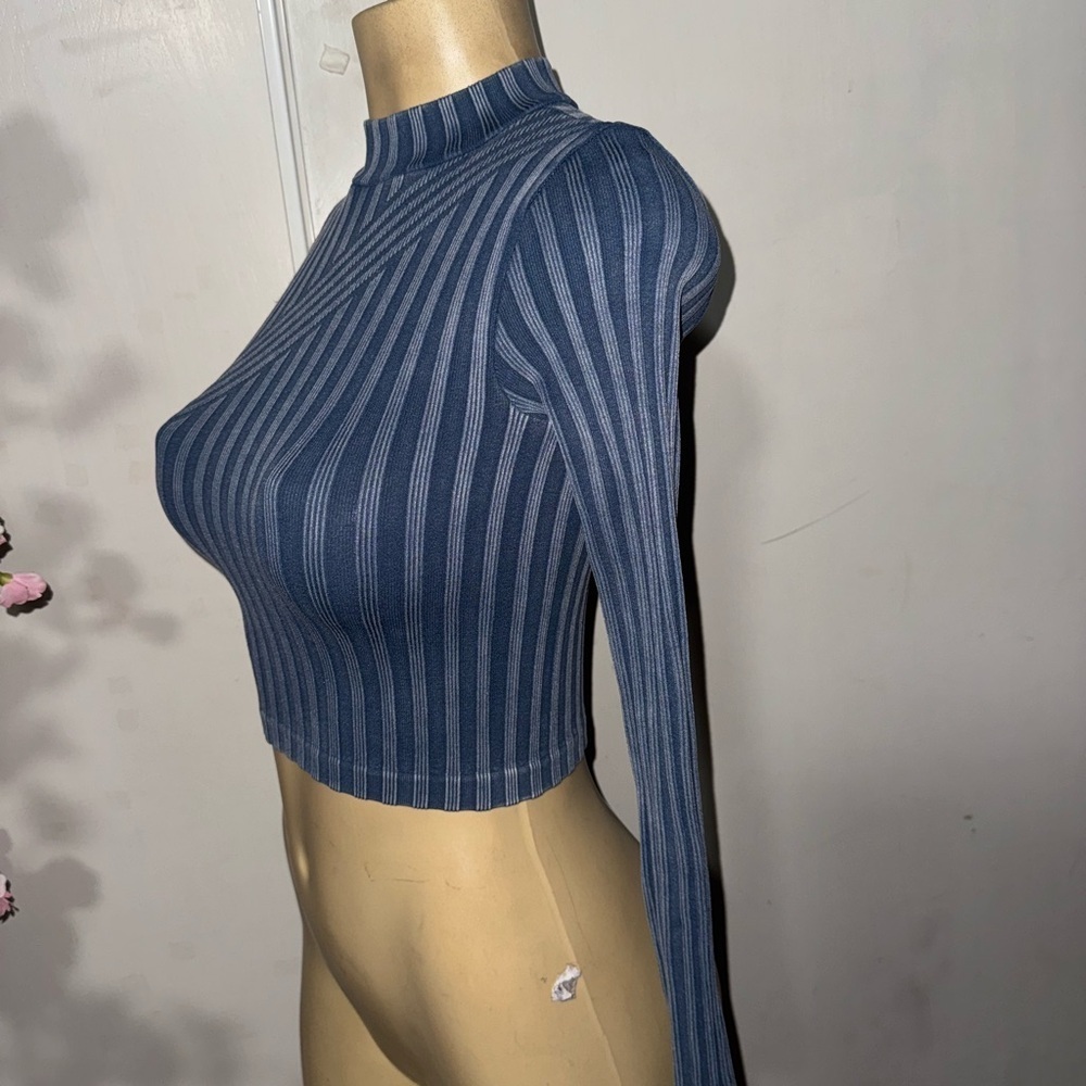 Zara Blue Ribbed Long Sleeve  blouse